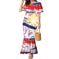 Philippines Sun Tattoo Family Matching Mermaid Dress and Hawaiian Shirt Feathers Filipinas Grunge Style White LT14 Mom's Dress White - Polynesian Pride