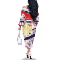 Philippines Sun Tattoo Family Matching Off The Shoulder Long Sleeve Dress and Hawaiian Shirt Feathers Filipinas Grunge Style White LT14 - Polynesian Pride