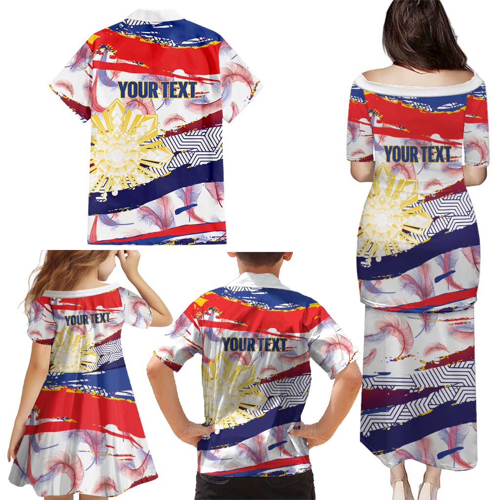 Philippines Sun Tattoo Family Matching Puletasi and Hawaiian Shirt Feathers Filipinas Grunge Style White