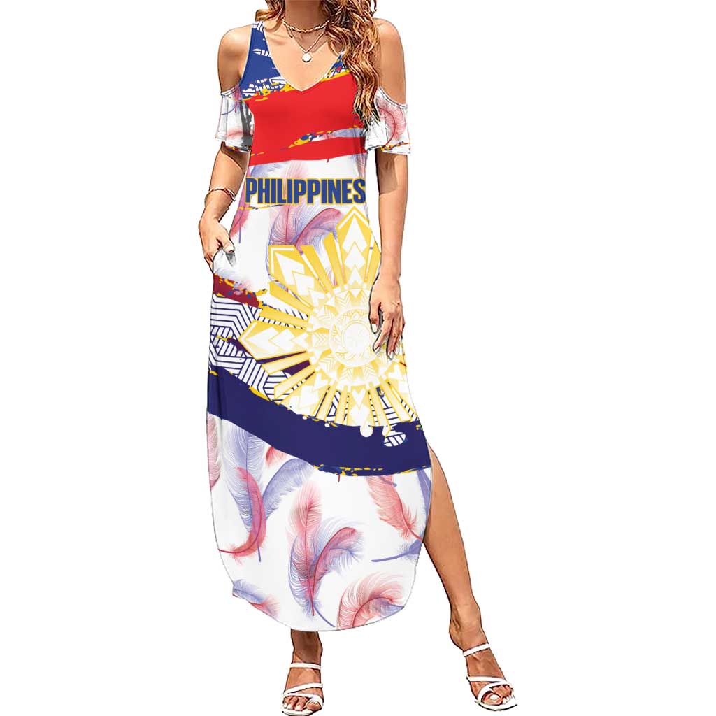 Philippines Sun Tattoo Family Matching Summer Maxi Dress and Hawaiian Shirt Feathers Filipinas Grunge Style White LT14 Mom's Dress White - Polynesian Pride