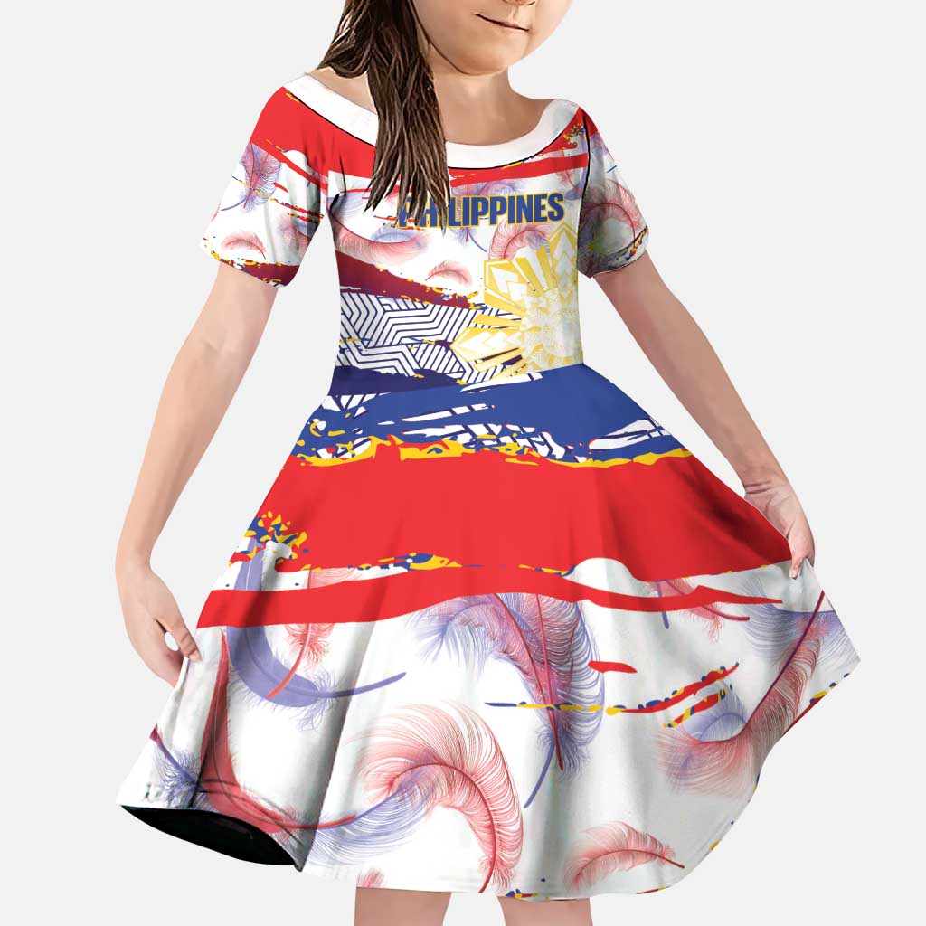 Philippines Sun Tattoo Family Matching Tank Maxi Dress and Hawaiian Shirt Feathers Filipinas Grunge Style White LT14 Daughter's Dress White - Polynesian Pride