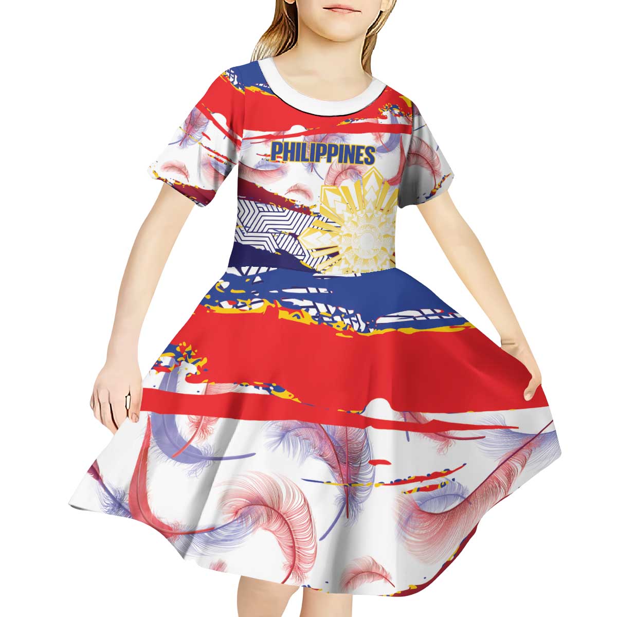 Philippines Sun Tattoo Kid Short Sleeve Dress Feathers Filipinas Grunge Style White