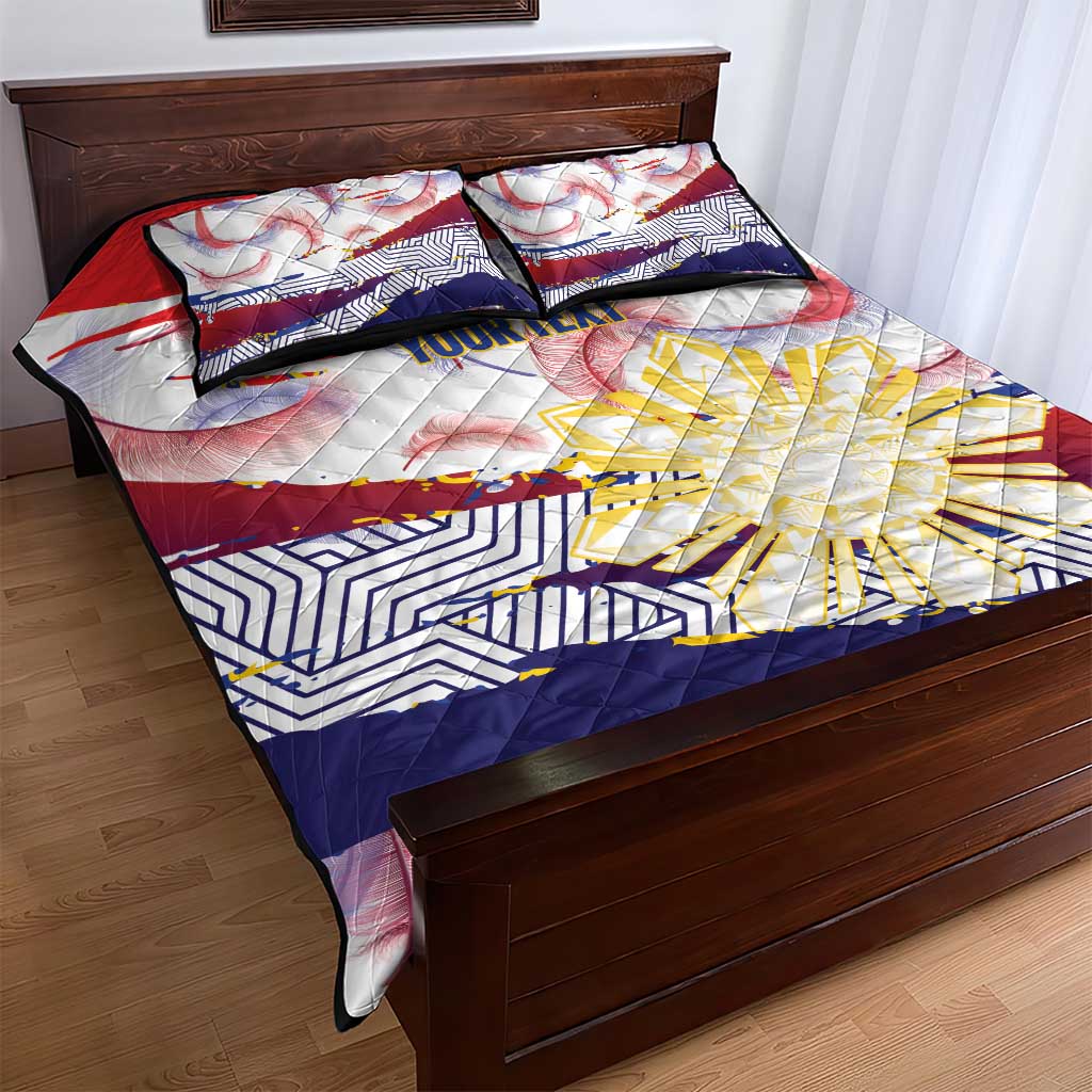Philippines Sun Tattoo Quilt Bed Set Feathers Filipinas Grunge Style White