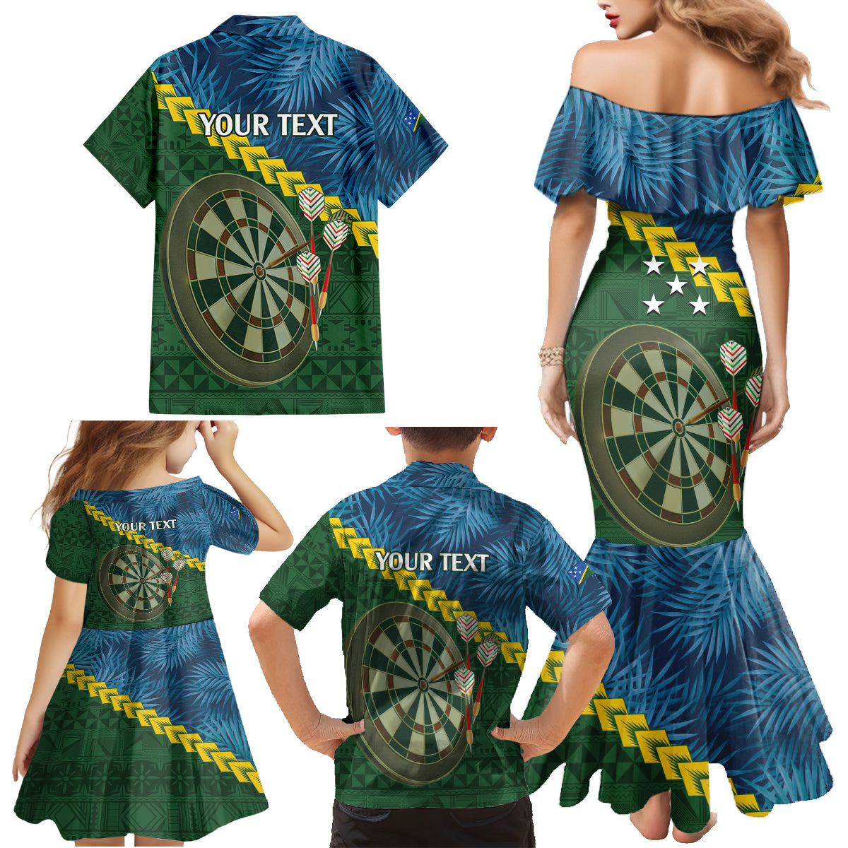 Personalised Solomon Islands Darts Family Matching Mermaid Dress and Hawaiian Shirt Tropical Leaves Melanesian Pattern
