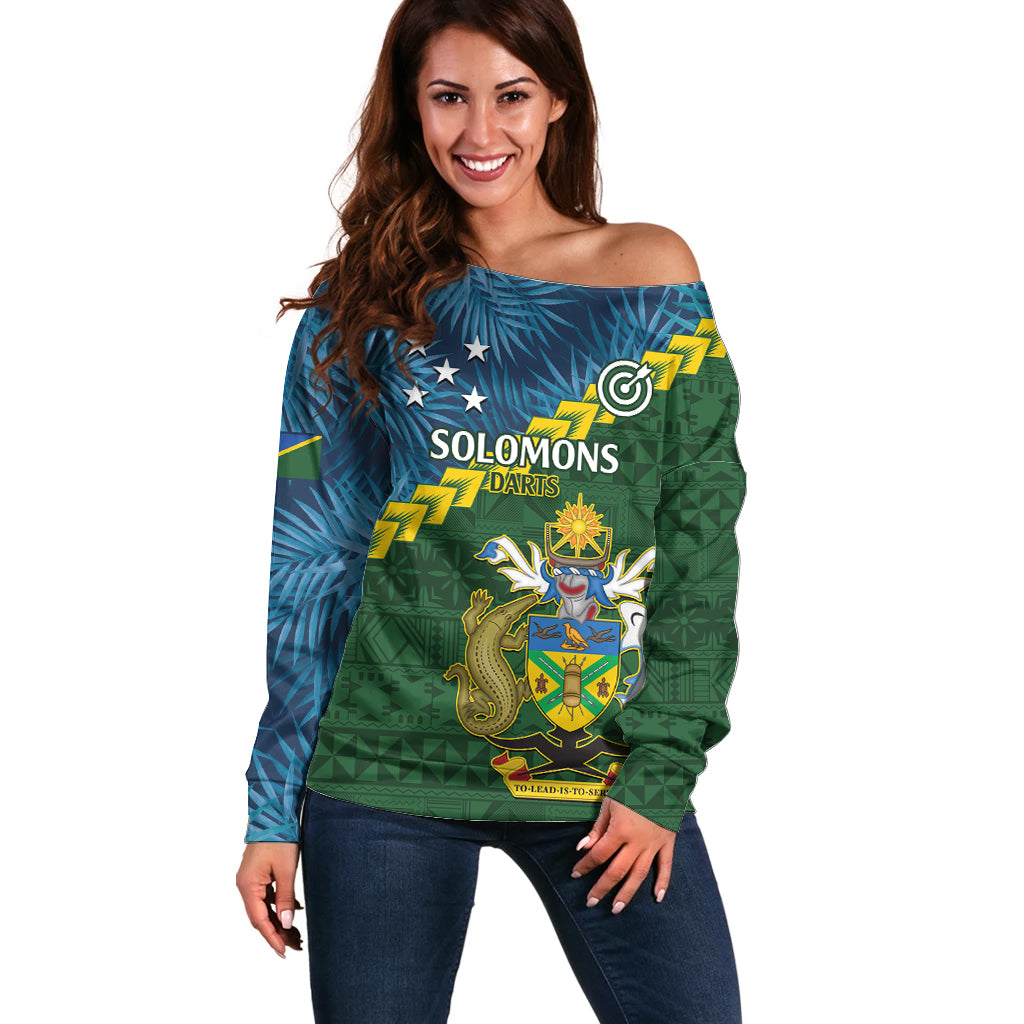 Personalised Solomon Islands Darts Off Shoulder Sweater Tropical Leaves Melanesian Pattern