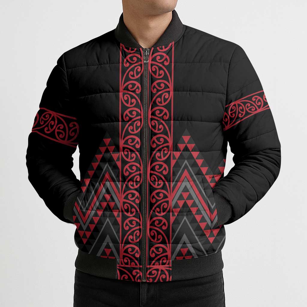 Red Aotearoa Mangopare Kowhaiwhai Niho Taniwha Bomber Puffer Jacket Maori New Zealand - Polynesian Pride