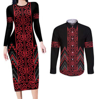 Red Aotearoa Mangopare Kowhaiwhai and Niho Taniwha Couples Matching Long Sleeve Bodycon Dress and Long Sleeve Button Shirt Maori New Zealand LT14 Red - Polynesian Pride