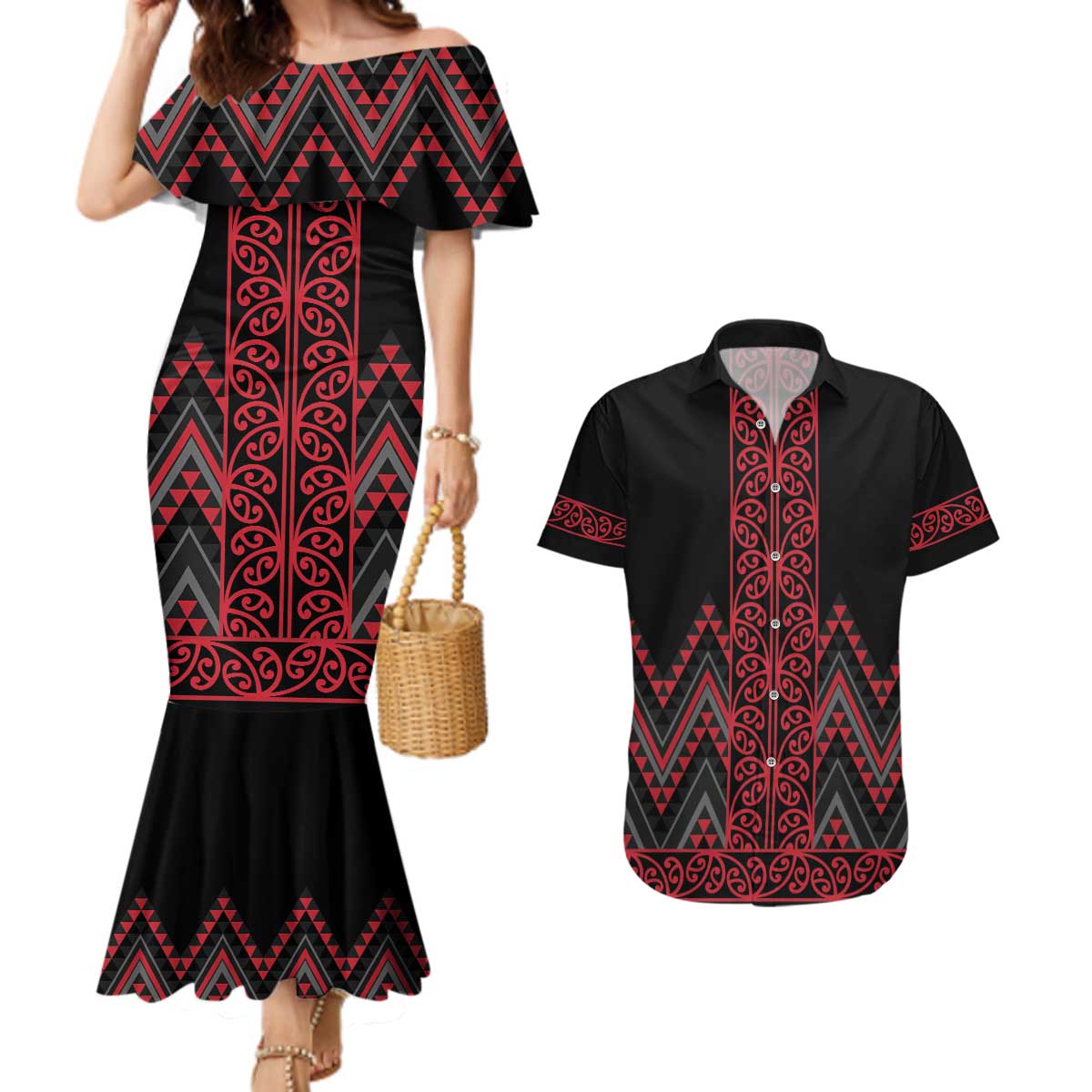 Red Aotearoa Mangopare Kowhaiwhai and Niho Taniwha Couples Matching Mermaid Dress and Hawaiian Shirt Maori New Zealand