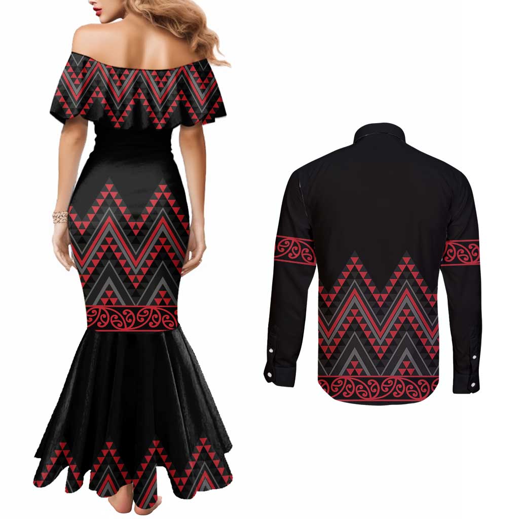 Red Aotearoa Mangopare Kowhaiwhai and Niho Taniwha Couples Matching Mermaid Dress and Long Sleeve Button Shirt Maori New Zealand LT14 - Polynesian Pride