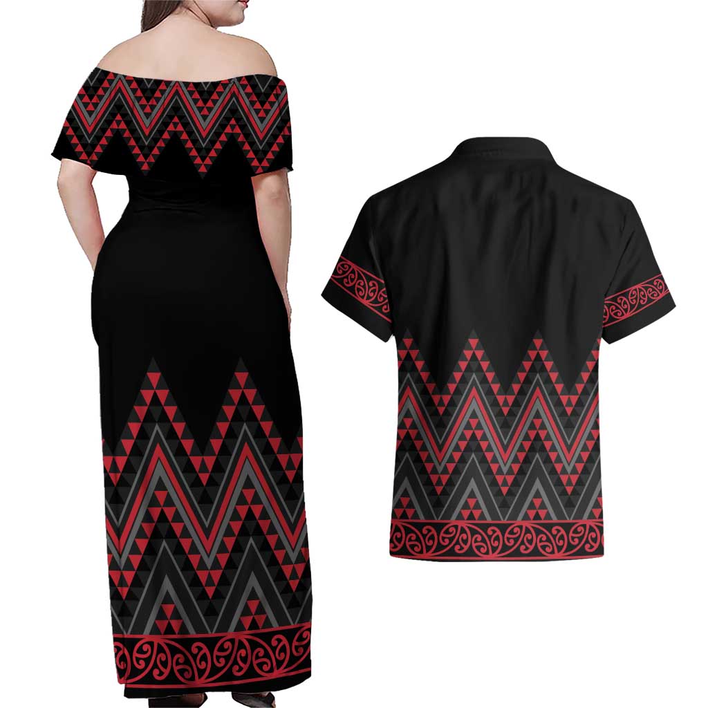 Red Aotearoa Mangopare Kowhaiwhai and Niho Taniwha Couples Matching Off Shoulder Maxi Dress and Hawaiian Shirt Maori New Zealand LT14 - Polynesian Pride