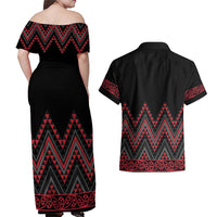 Red Aotearoa Mangopare Kowhaiwhai and Niho Taniwha Couples Matching Off Shoulder Maxi Dress and Hawaiian Shirt Maori New Zealand LT14 - Polynesian Pride