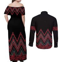 Red Aotearoa Mangopare Kowhaiwhai and Niho Taniwha Couples Matching Off Shoulder Maxi Dress and Long Sleeve Button Shirt Maori New Zealand LT14 - Polynesian Pride