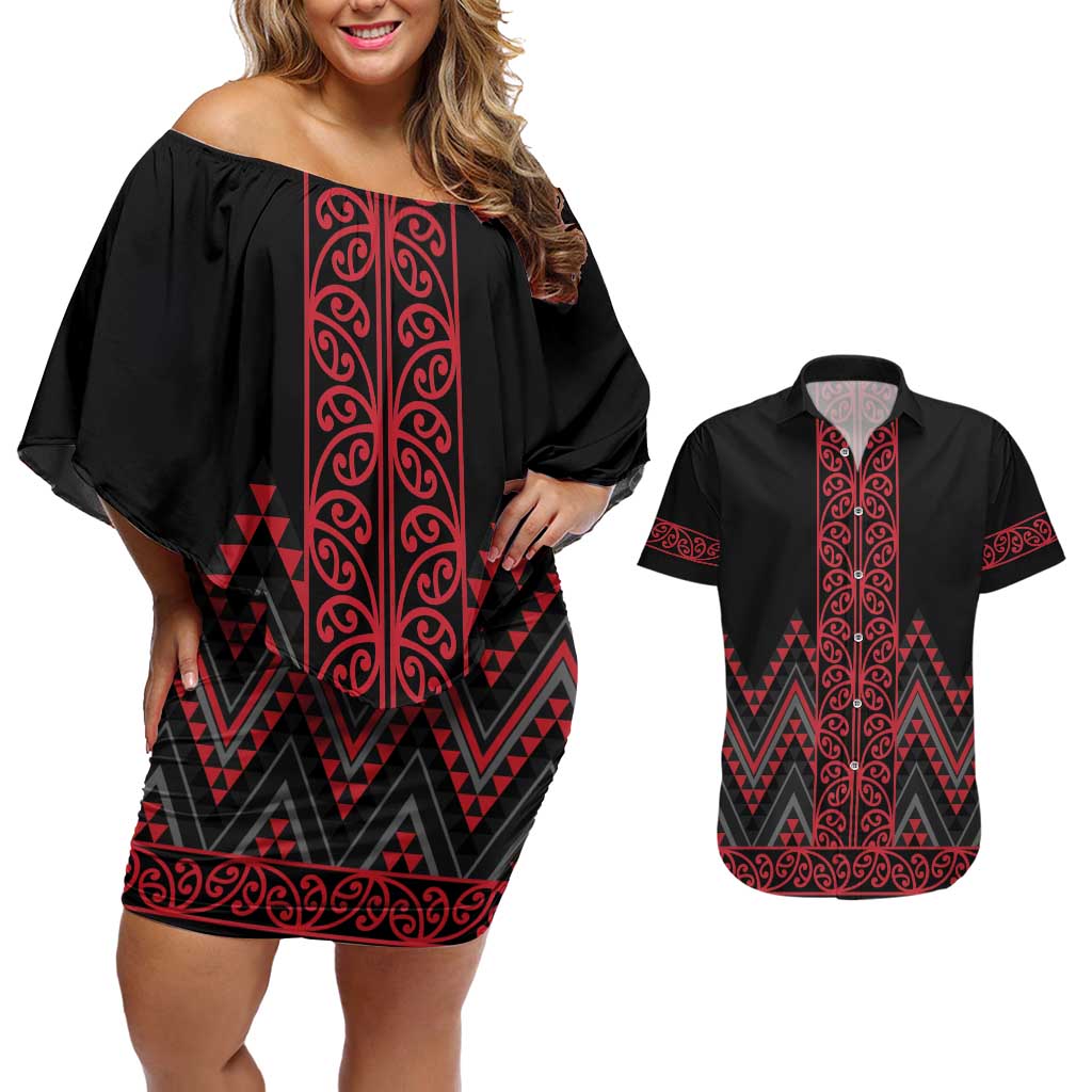 Red Aotearoa Mangopare Kowhaiwhai and Niho Taniwha Couples Matching Off Shoulder Short Dress and Hawaiian Shirt Maori New Zealand LT14 Red - Polynesian Pride