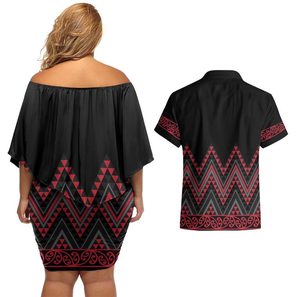 Red Aotearoa Mangopare Kowhaiwhai and Niho Taniwha Couples Matching Off Shoulder Short Dress and Hawaiian Shirt Maori New Zealand LT14 - Polynesian Pride