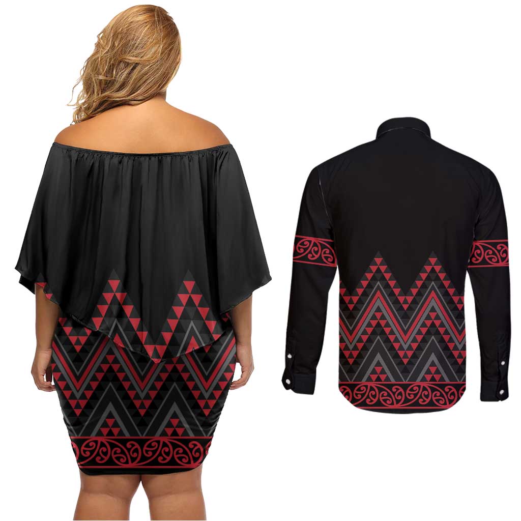 Red Aotearoa Mangopare Kowhaiwhai and Niho Taniwha Couples Matching Off Shoulder Short Dress and Long Sleeve Button Shirt Maori New Zealand LT14 - Polynesian Pride