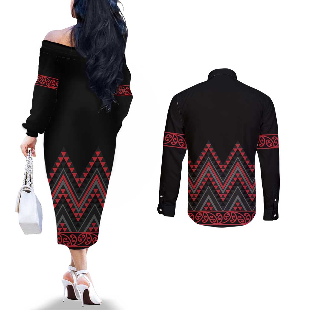 Red Aotearoa Mangopare Kowhaiwhai and Niho Taniwha Couples Matching Off The Shoulder Long Sleeve Dress and Long Sleeve Button Shirt Maori New Zealand LT14 - Polynesian Pride