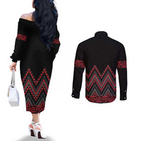 Red Aotearoa Mangopare Kowhaiwhai and Niho Taniwha Couples Matching Off The Shoulder Long Sleeve Dress and Long Sleeve Button Shirt Maori New Zealand LT14 - Polynesian Pride