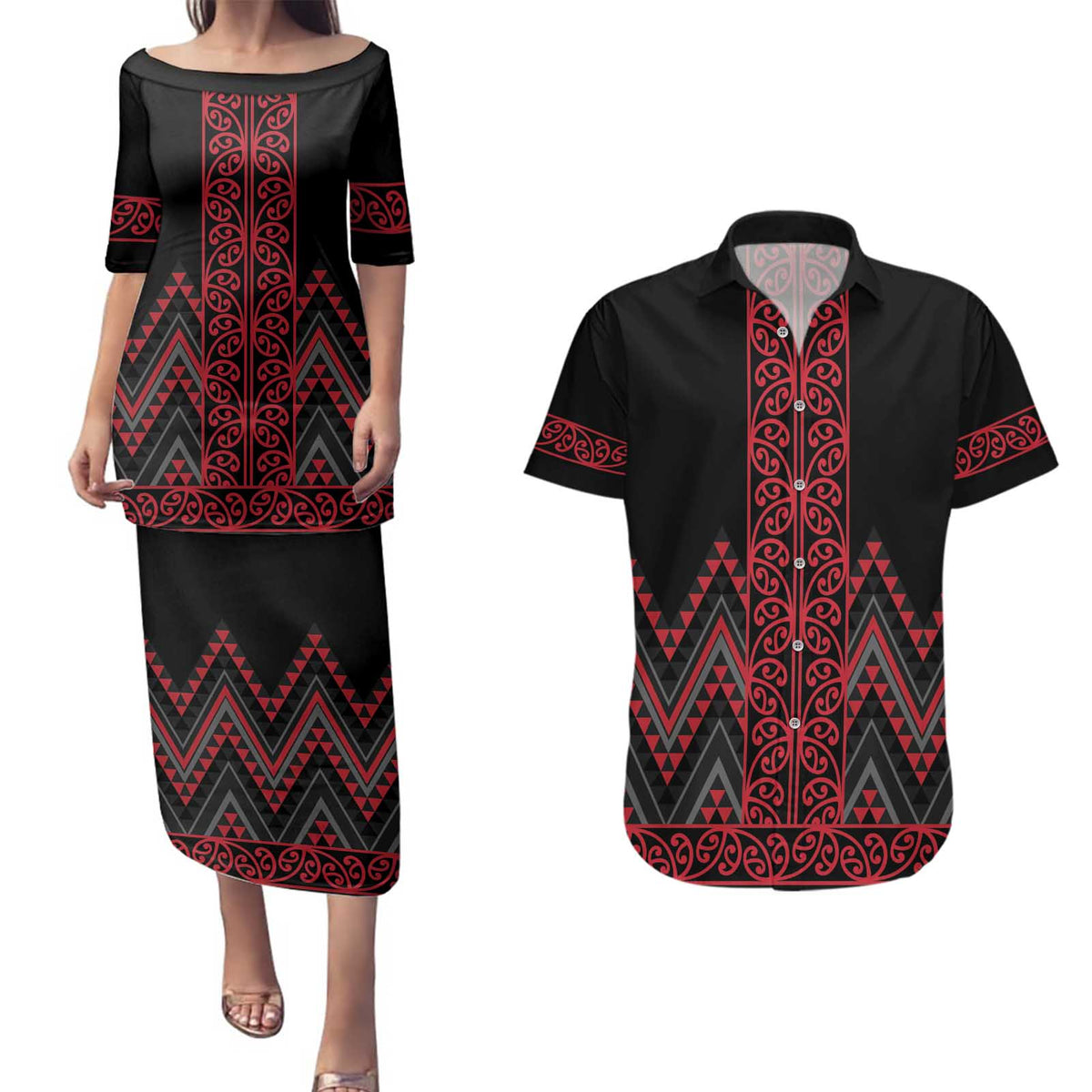 Red Aotearoa Mangopare Kowhaiwhai and Niho Taniwha Couples Matching Puletasi and Hawaiian Shirt Maori New Zealand LT14 Red - Polynesian Pride