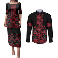 Red Aotearoa Mangopare Kowhaiwhai and Niho Taniwha Couples Matching Puletasi and Long Sleeve Button Shirt Maori New Zealand LT14 Red - Polynesian Pride