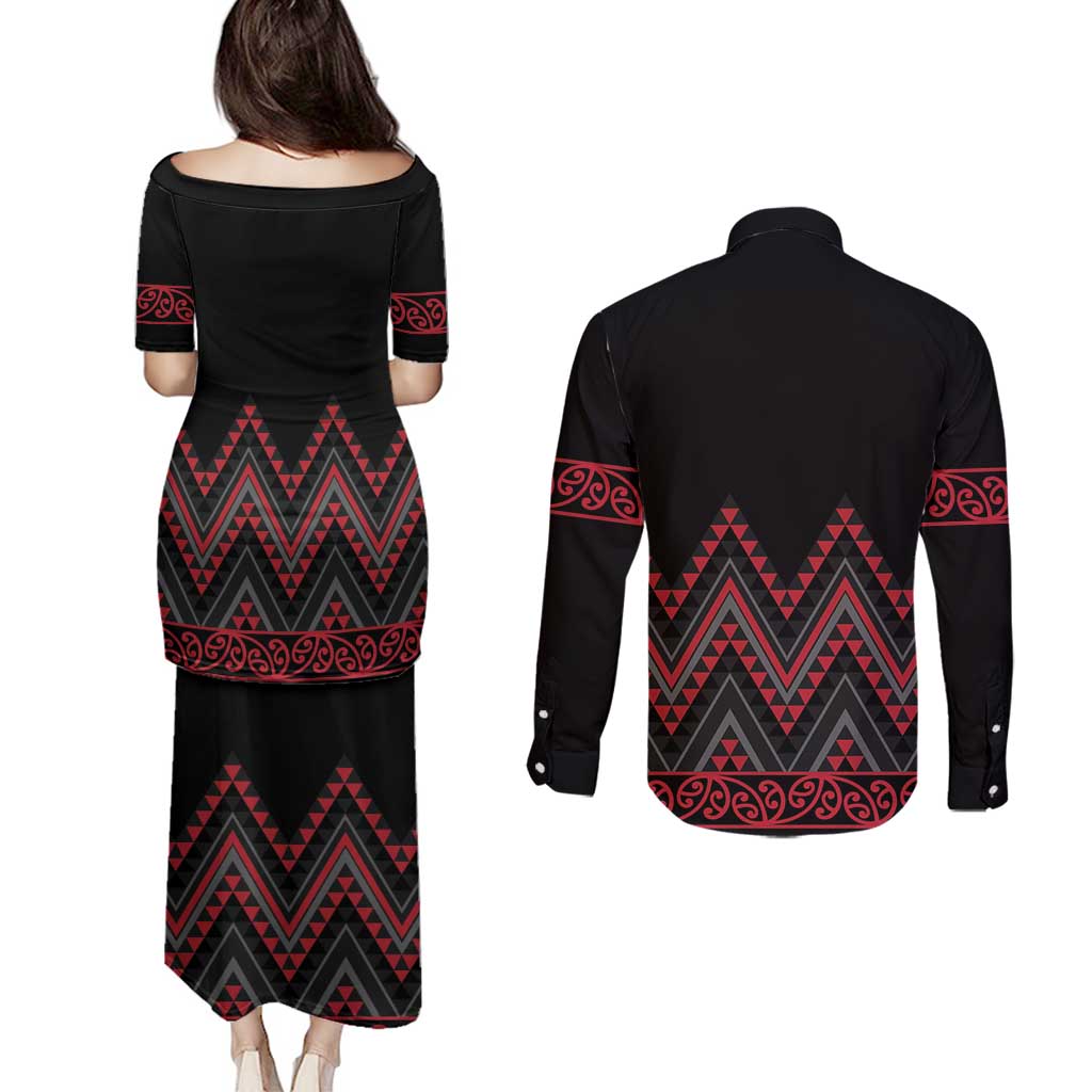 Red Aotearoa Mangopare Kowhaiwhai and Niho Taniwha Couples Matching Puletasi and Long Sleeve Button Shirt Maori New Zealand LT14 - Polynesian Pride