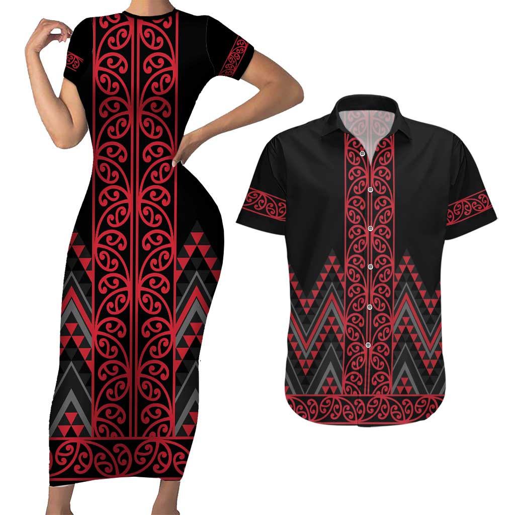 Red Aotearoa Mangopare Kowhaiwhai and Niho Taniwha Couples Matching Short Sleeve Bodycon Dress and Hawaiian Shirt Maori New Zealand LT14 Red - Polynesian Pride