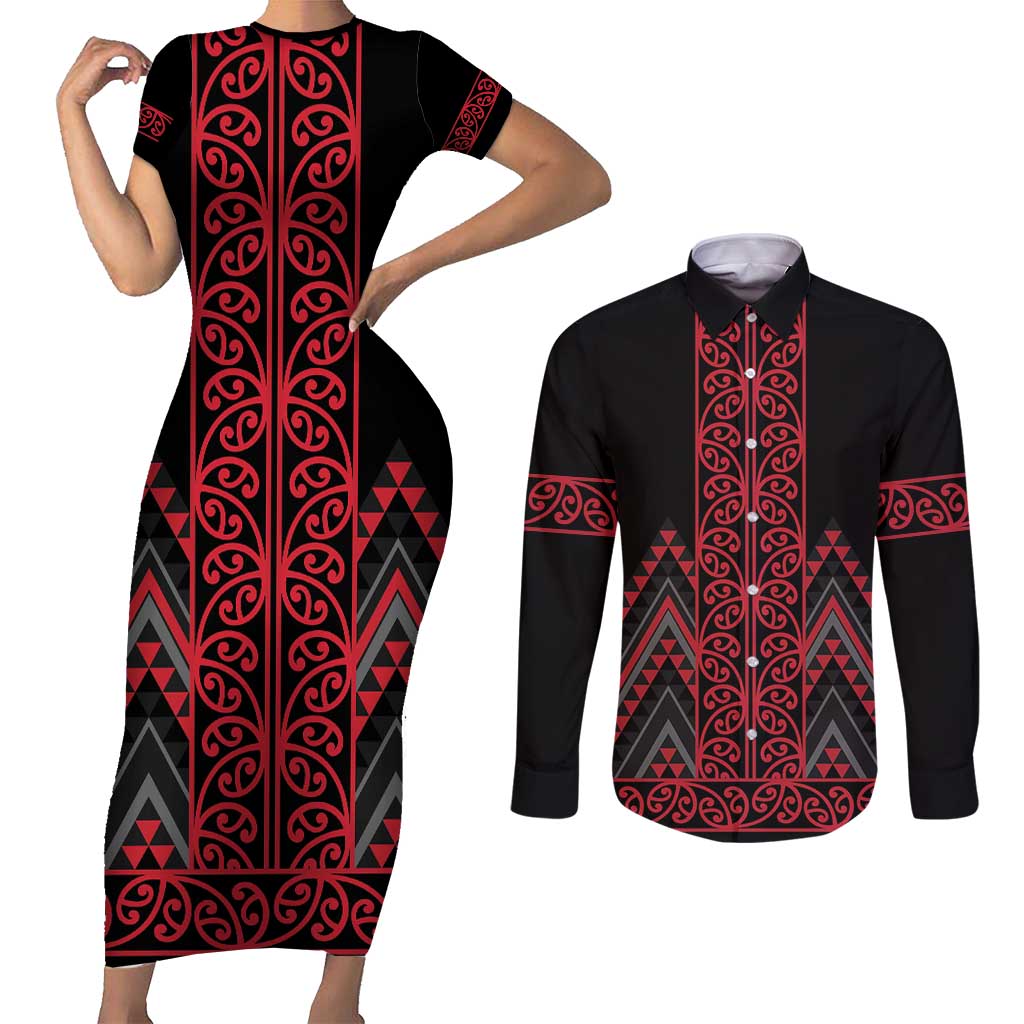 Red Aotearoa Mangopare Kowhaiwhai and Niho Taniwha Couples Matching Short Sleeve Bodycon Dress and Long Sleeve Button Shirt Maori New Zealand LT14 Red - Polynesian Pride