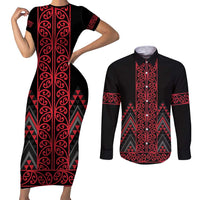 Red Aotearoa Mangopare Kowhaiwhai and Niho Taniwha Couples Matching Short Sleeve Bodycon Dress and Long Sleeve Button Shirt Maori New Zealand LT14 Red - Polynesian Pride