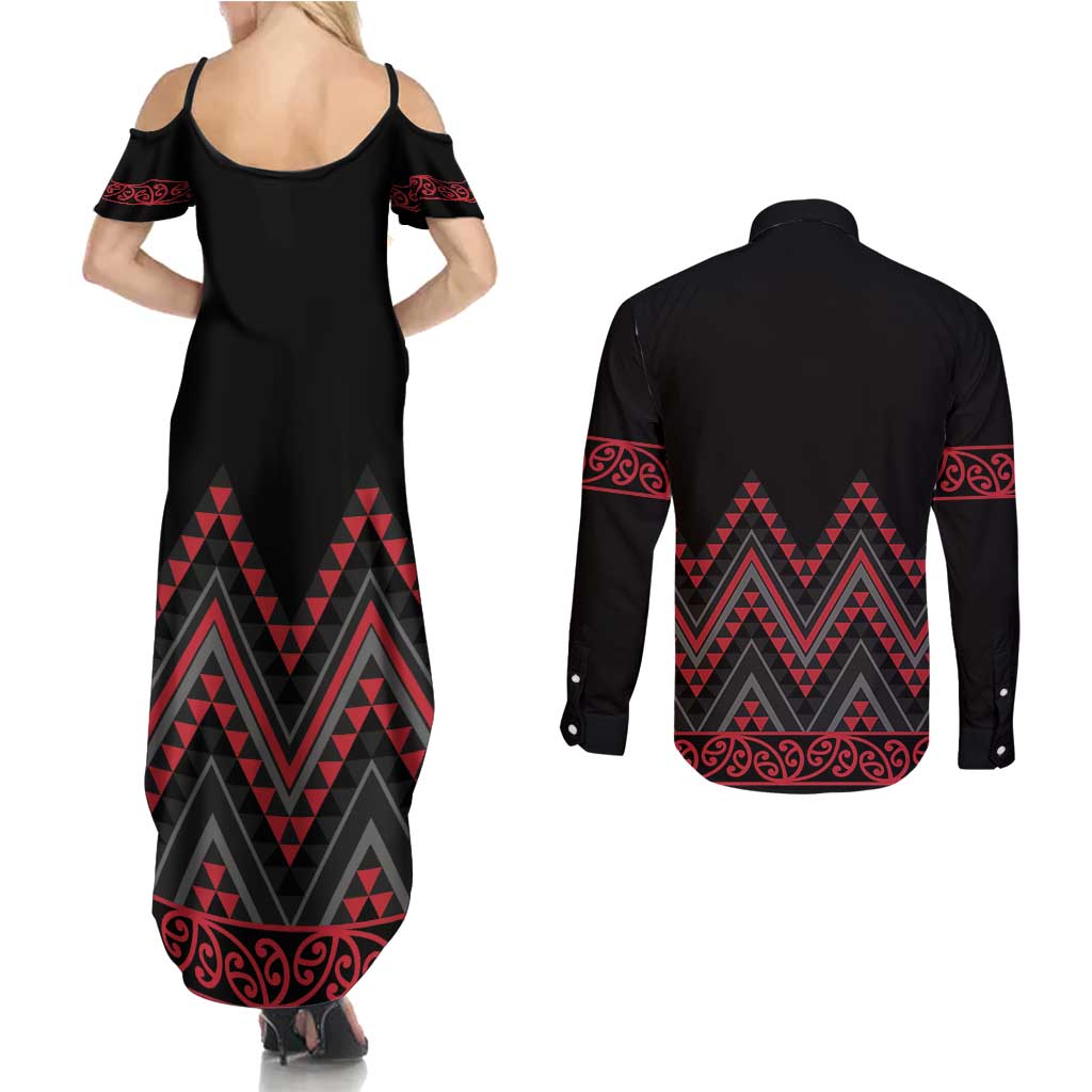 Red Aotearoa Mangopare Kowhaiwhai and Niho Taniwha Couples Matching Summer Maxi Dress and Long Sleeve Button Shirt Maori New Zealand LT14 - Polynesian Pride