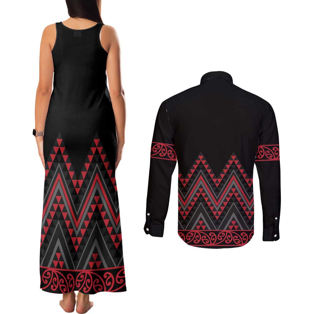 Red Aotearoa Mangopare Kowhaiwhai and Niho Taniwha Couples Matching Tank Maxi Dress and Long Sleeve Button Shirt Maori New Zealand LT14 - Polynesian Pride