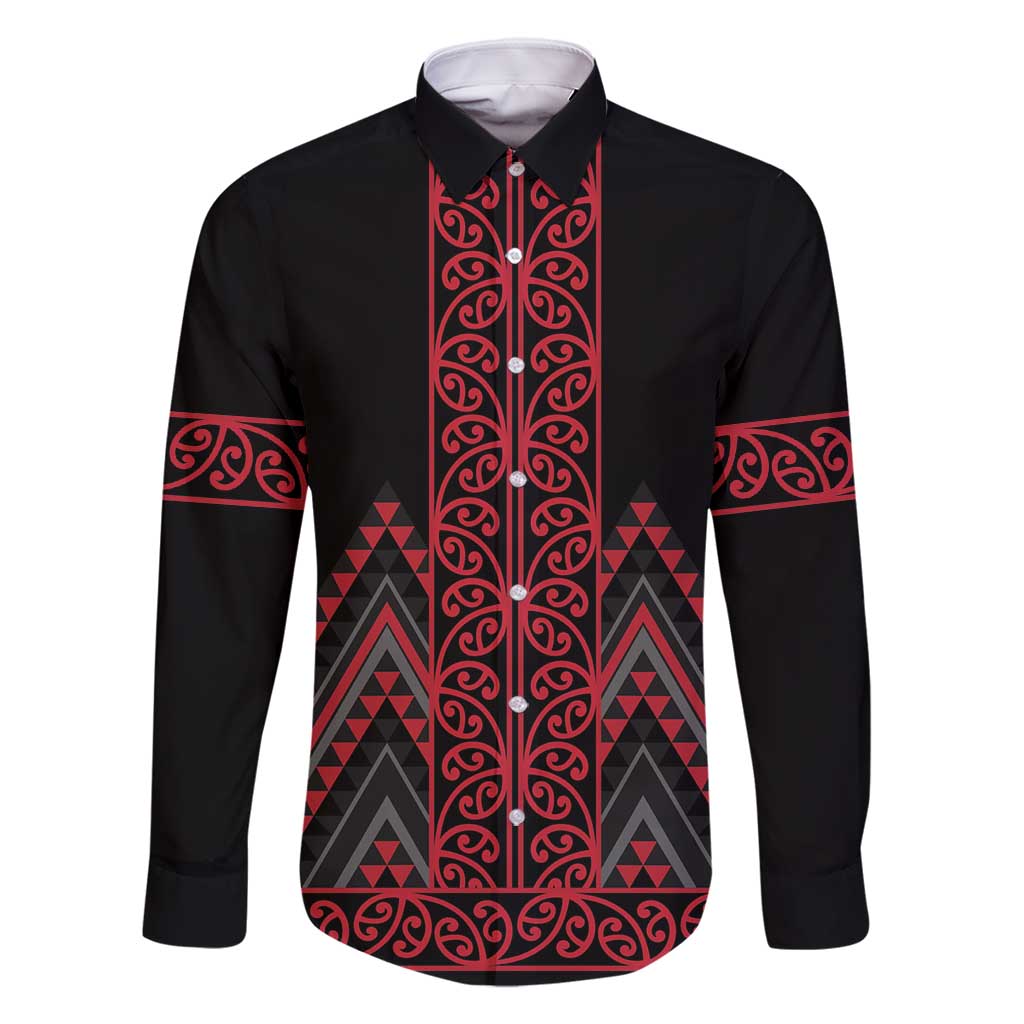 Red Aotearoa Mangopare Kowhaiwhai and Niho Taniwha Family Matching Mermaid Dress and Hawaiian Shirt Maori New Zealand LT14 Dad's Shirt - Long Sleeve Red - Polynesian Pride