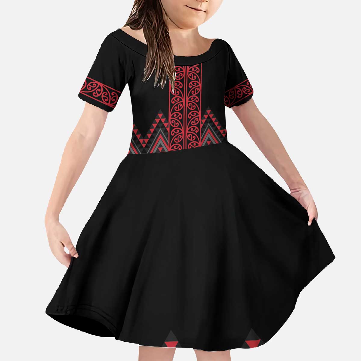 Red Aotearoa Mangopare Kowhaiwhai and Niho Taniwha Family Matching Off The Shoulder Long Sleeve Dress and Hawaiian Shirt Maori New Zealand LT14 Daughter's Dress Red - Polynesian Pride