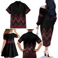 Red Aotearoa Mangopare Kowhaiwhai and Niho Taniwha Family Matching Off The Shoulder Long Sleeve Dress and Hawaiian Shirt Maori New Zealand LT14 - Polynesian Pride