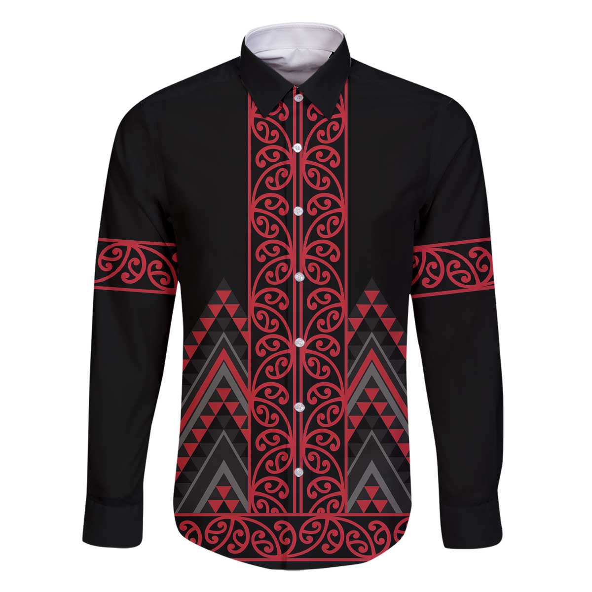 Red Aotearoa Mangopare Kowhaiwhai and Niho Taniwha Family Matching Off The Shoulder Long Sleeve Dress and Hawaiian Shirt Maori New Zealand LT14 Dad's Shirt - Long Sleeve Red - Polynesian Pride