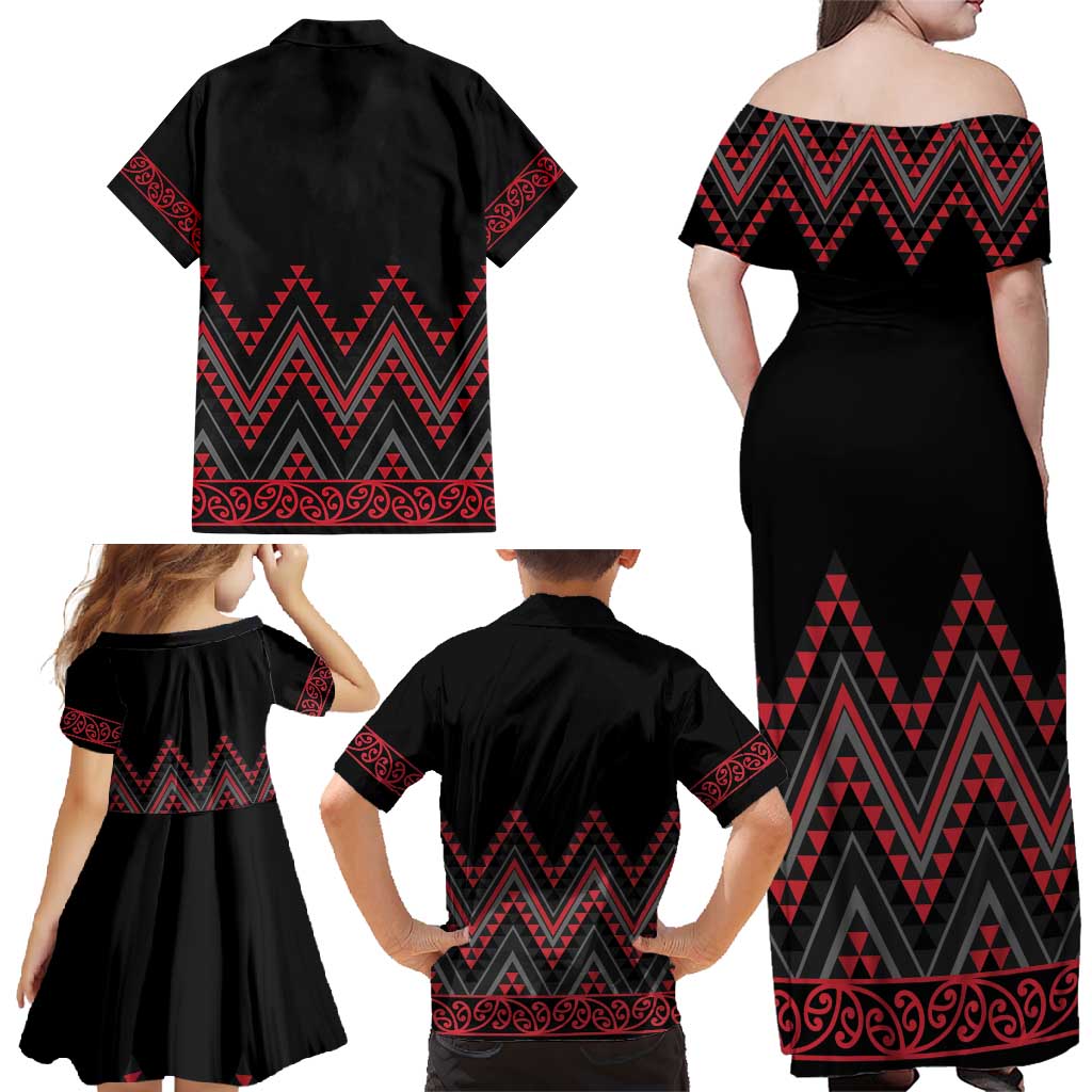 Red Aotearoa Mangopare Kowhaiwhai and Niho Taniwha Family Matching Off Shoulder Maxi Dress and Hawaiian Shirt Maori New Zealand LT14 - Polynesian Pride