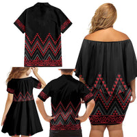 Red Aotearoa Mangopare Kowhaiwhai and Niho Taniwha Family Matching Off Shoulder Short Dress and Hawaiian Shirt Maori New Zealand LT14 - Polynesian Pride