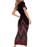 Red Aotearoa Mangopare Kowhaiwhai and Niho Taniwha Family Matching Short Sleeve Bodycon Dress and Hawaiian Shirt Maori New Zealand LT14 - Polynesian Pride