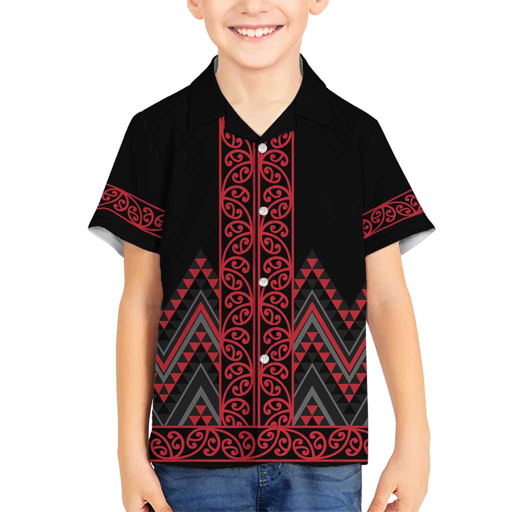 Red Aotearoa Mangopare Kowhaiwhai and Niho Taniwha Family Matching Short Sleeve Bodycon Dress and Hawaiian Shirt Maori New Zealand LT14 Son's Shirt Red - Polynesian Pride