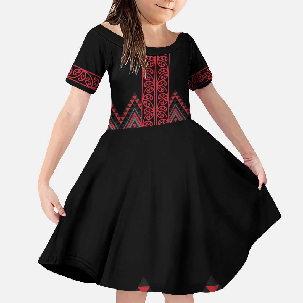 Red Aotearoa Mangopare Kowhaiwhai and Niho Taniwha Family Matching Summer Maxi Dress and Hawaiian Shirt Maori New Zealand LT14 Daughter's Dress Red - Polynesian Pride