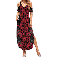 Red Aotearoa Mangopare Kowhaiwhai and Niho Taniwha Family Matching Summer Maxi Dress and Hawaiian Shirt Maori New Zealand LT14 Mom's Dress Red - Polynesian Pride