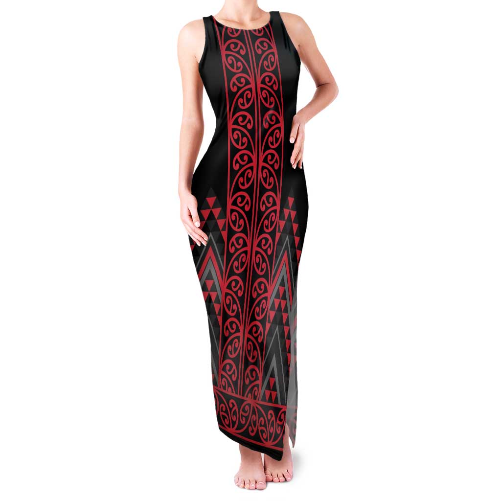 Red Aotearoa Mangopare Kowhaiwhai and Niho Taniwha Family Matching Tank Maxi Dress and Hawaiian Shirt Maori New Zealand LT14 Mom's Dress Red - Polynesian Pride