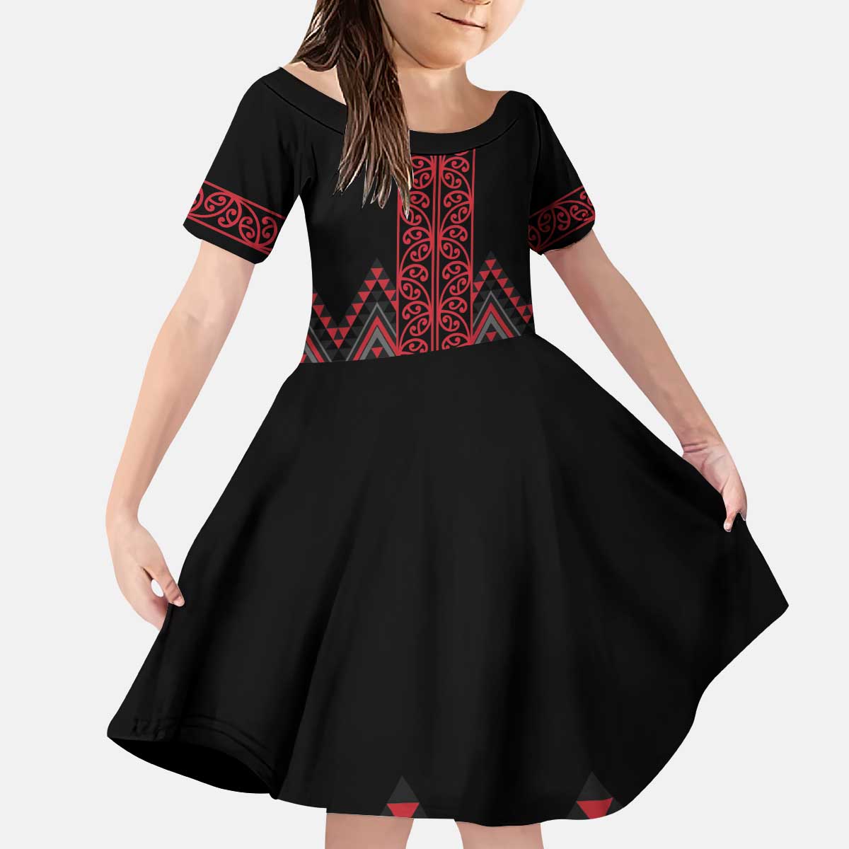 Red Aotearoa Mangopare Kowhaiwhai and Niho Taniwha Kid Short Sleeve Dress Maori New Zealand