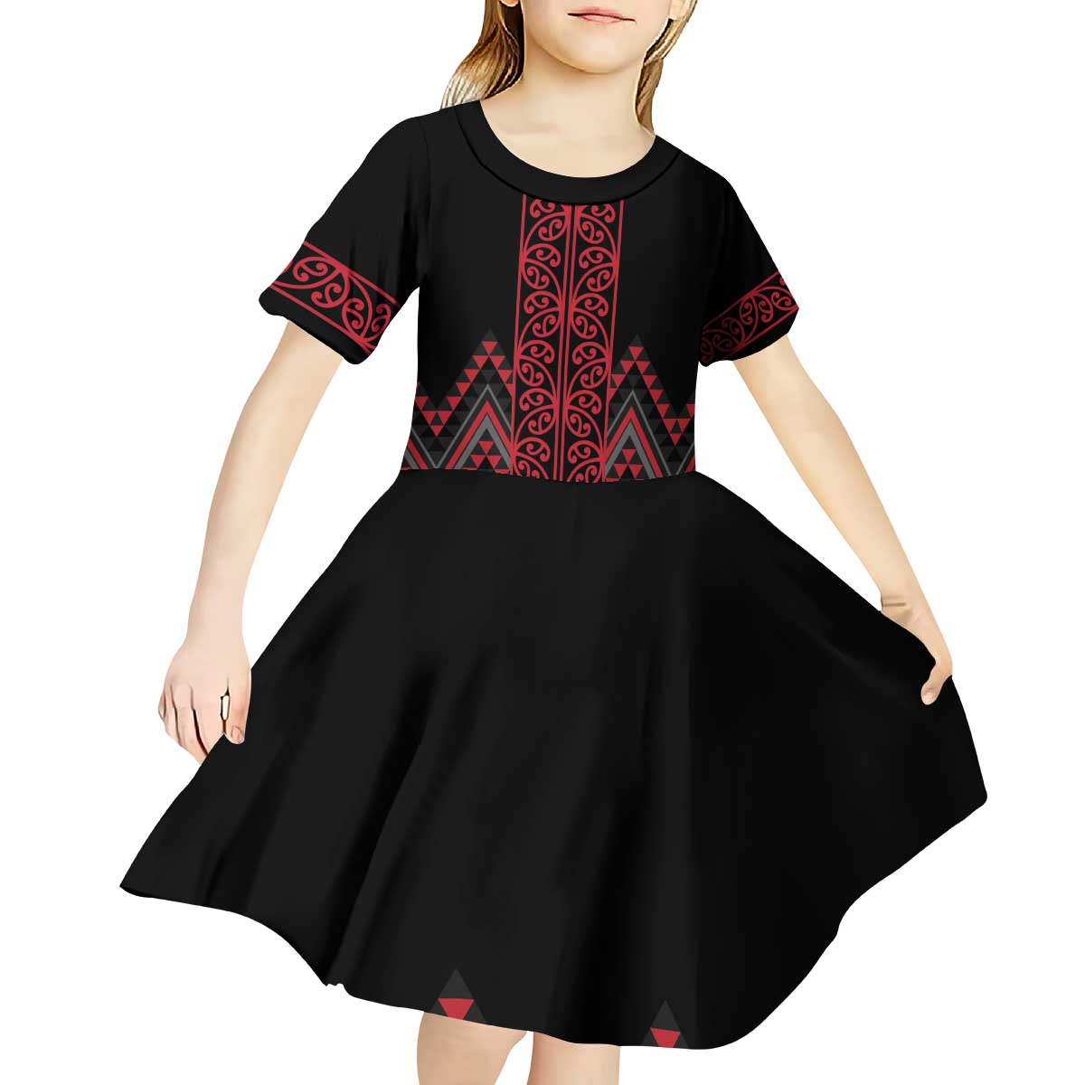 Red Aotearoa Mangopare Kowhaiwhai and Niho Taniwha Kid Short Sleeve Dress Maori New Zealand LT14 - Polynesian Pride