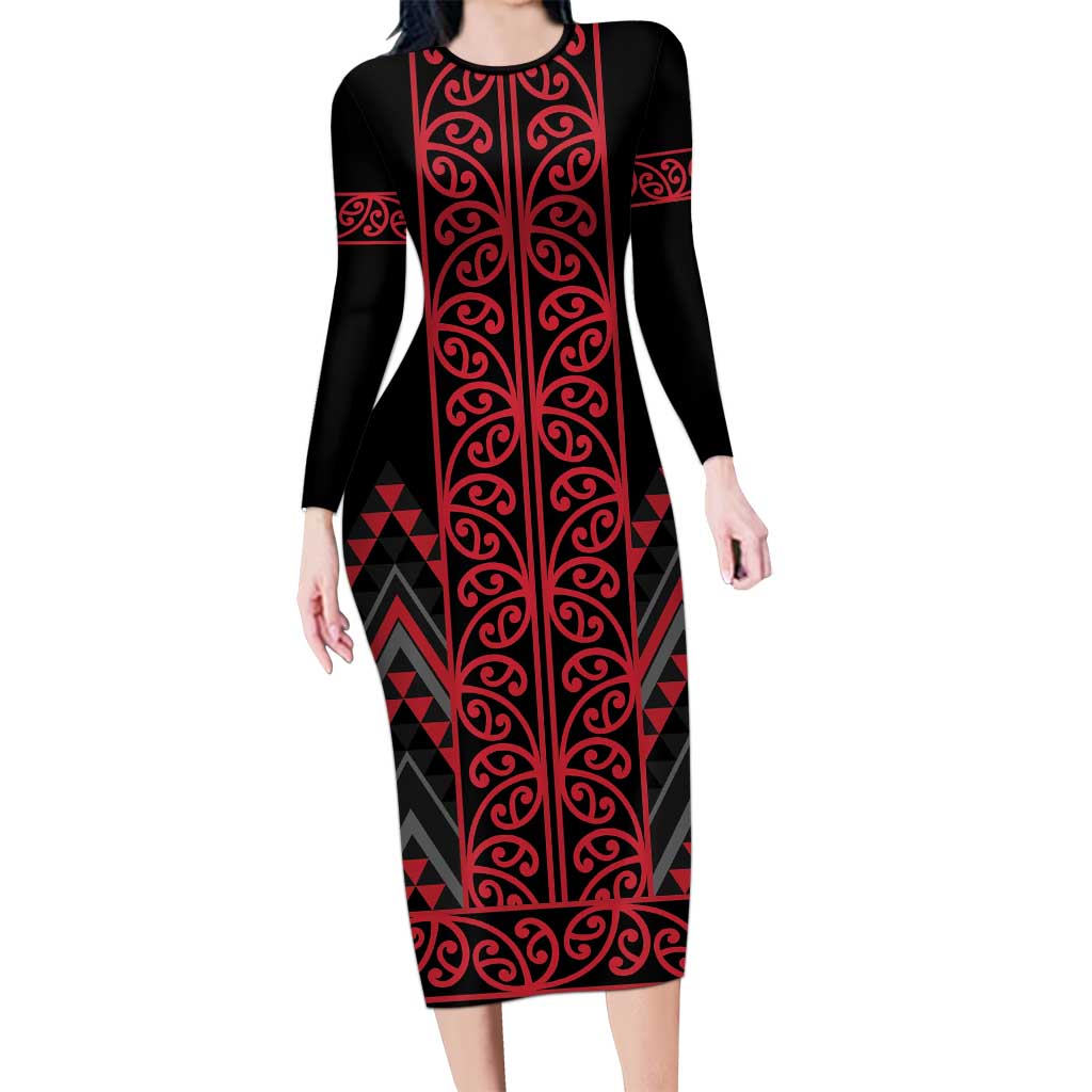 Red Aotearoa Mangopare Kowhaiwhai and Niho Taniwha Long Sleeve Bodycon Dress Maori New Zealand
