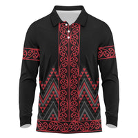Red Aotearoa Mangopare Kowhaiwhai and Niho Taniwha Long Sleeve Polo Shirt Maori New Zealand