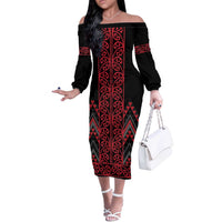 Red Aotearoa Mangopare Kowhaiwhai and Niho Taniwha Off The Shoulder Long Sleeve Dress Maori New Zealand LT14 Women Red - Polynesian Pride