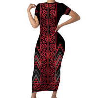 Red Aotearoa Mangopare Kowhaiwhai and Niho Taniwha Short Sleeve Bodycon Dress Maori New Zealand LT14 Long Dress Red - Polynesian Pride