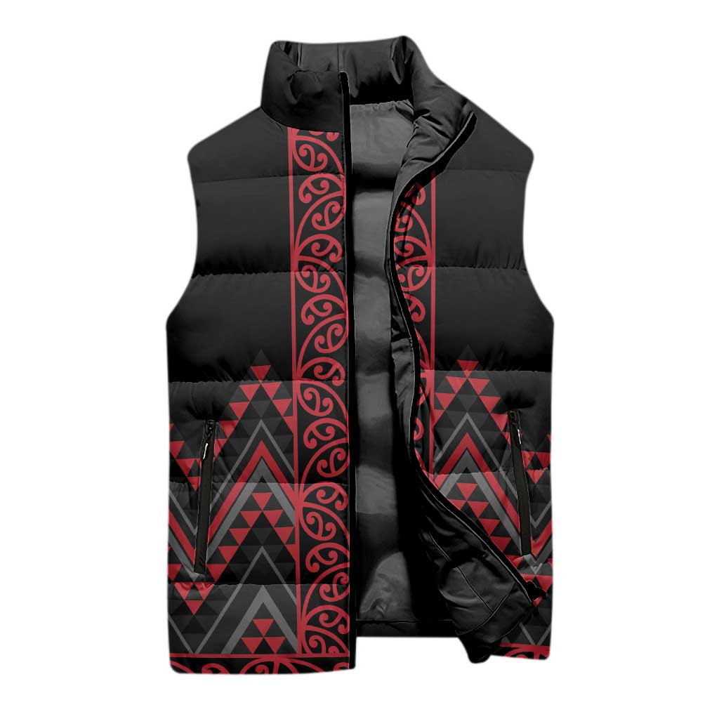 Red Aotearoa Mangopare Kowhaiwhai Niho Taniwha Sleeveless Puffer Jacket Maori New Zealand - Polynesian Pride