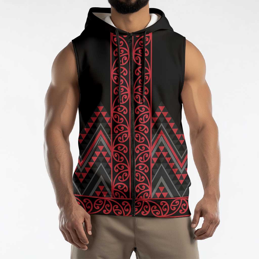 Red Aotearoa Mangopare Kowhaiwhai Niho Taniwha Sleeveless Zip Hoodie Maori New Zealand LT14 - Polynesian Pride