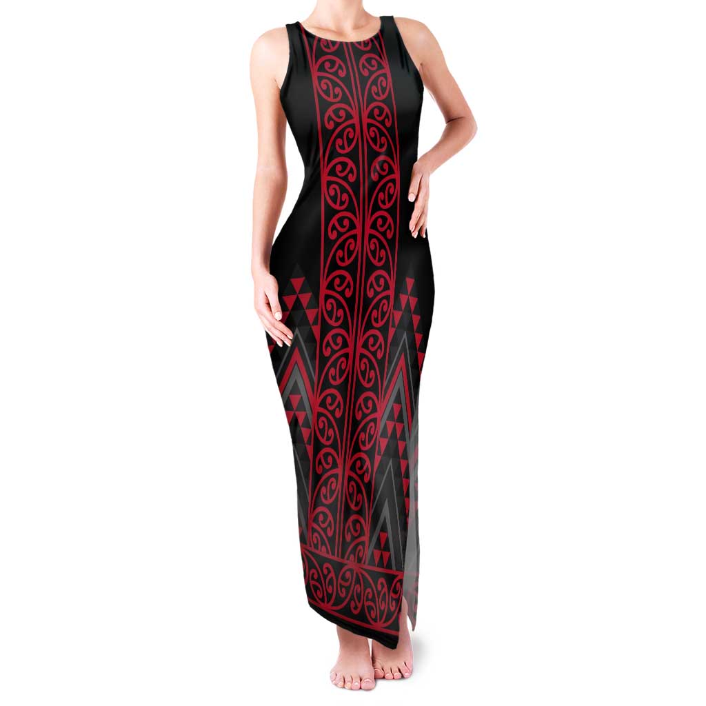 Red Aotearoa Mangopare Kowhaiwhai and Niho Taniwha Tank Maxi Dress Maori New Zealand LT14 Women Red - Polynesian Pride