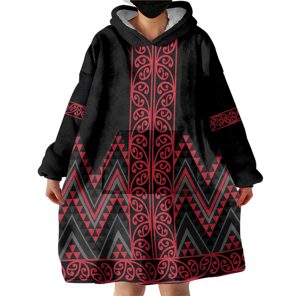 Red Aotearoa Mangopare Kowhaiwhai and Niho Taniwha Wearable Blanket Hoodie Maori New Zealand LT14 - Polynesian Pride